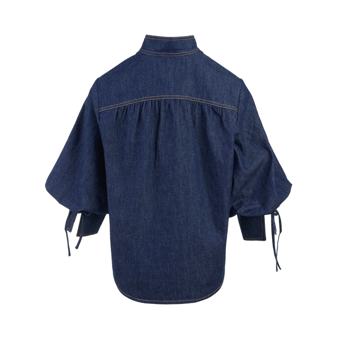 Zimmermann Denim Billow Shirt in dark indigo with stand collar, gold-tone buttons, contrast topstitching and balloon sleeves - view 2