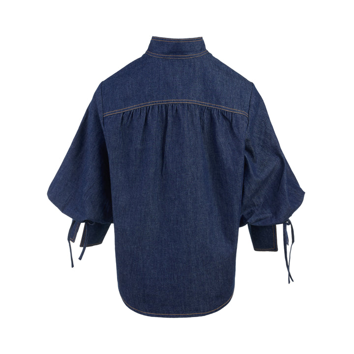 Zimmermann Denim Billow Shirt in dark indigo with stand collar, gold-tone buttons, contrast topstitching and balloon sleeves - view 2