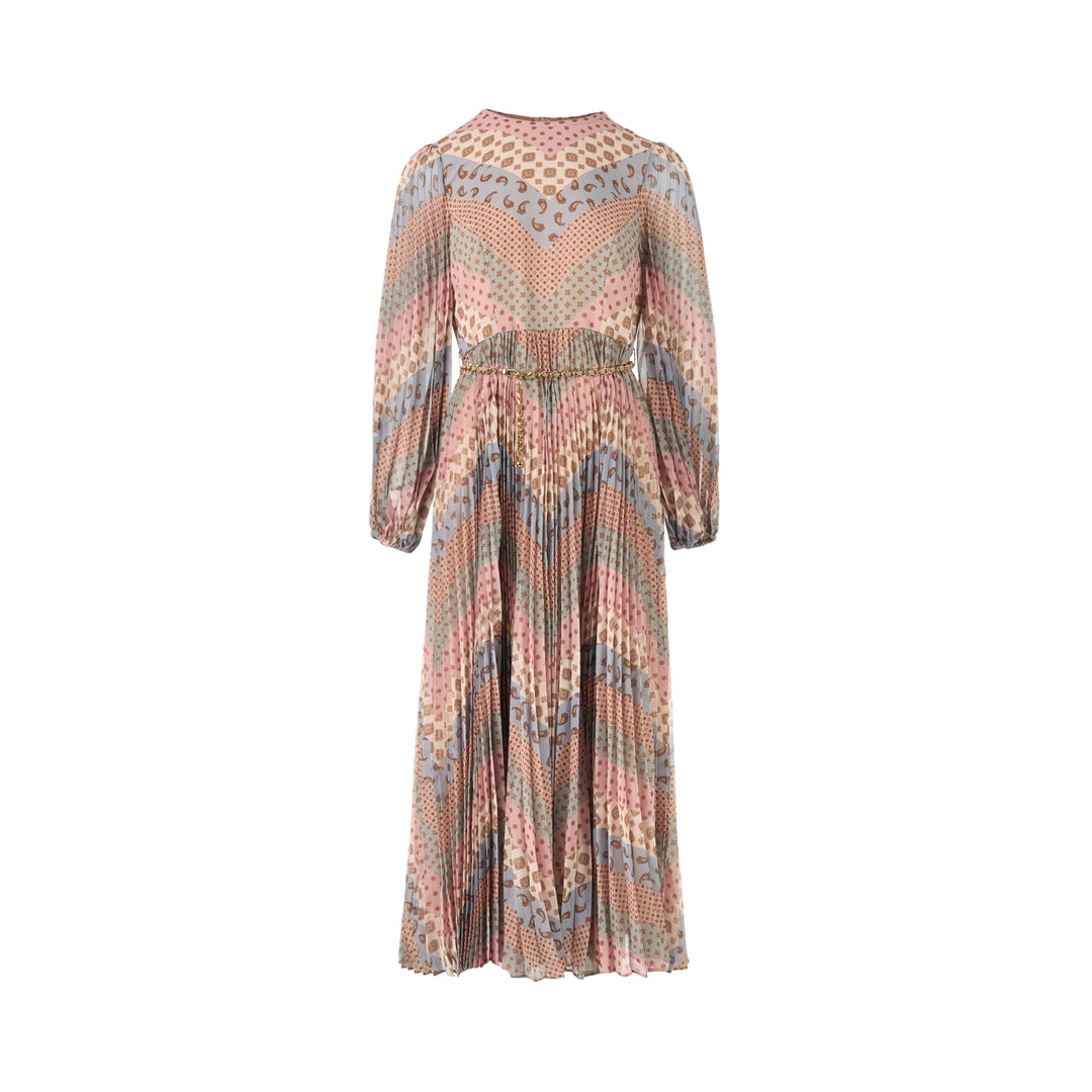 Zimmermann Sunray long sleeve pleated midi dress in a pastel chevron paisley and medallion print with blouson sleeves and gold chain belt