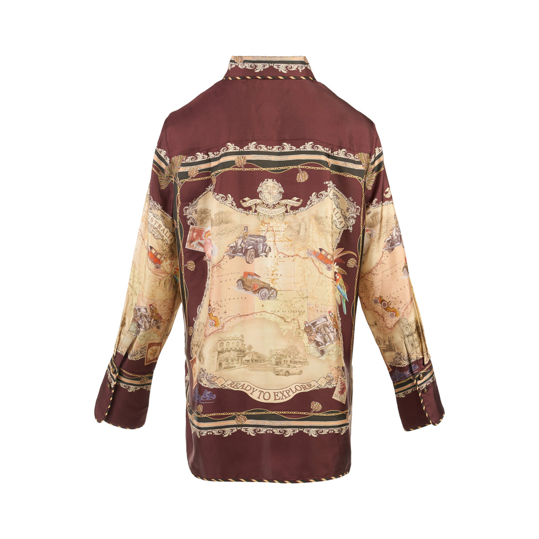 Zimmermann Valiant Twill Shirt in burgundy with a vintage Map of Australia scarf print, baroque borders and tassel details - view 2