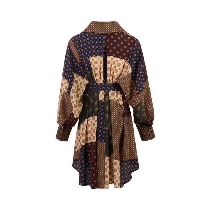 Zimmermann Tuck Mini Dress in brown, navy, cream and olive patchwork print with paisley and medallion motifs, V-neck collar, button front, long sleeves and belted waist - view 2