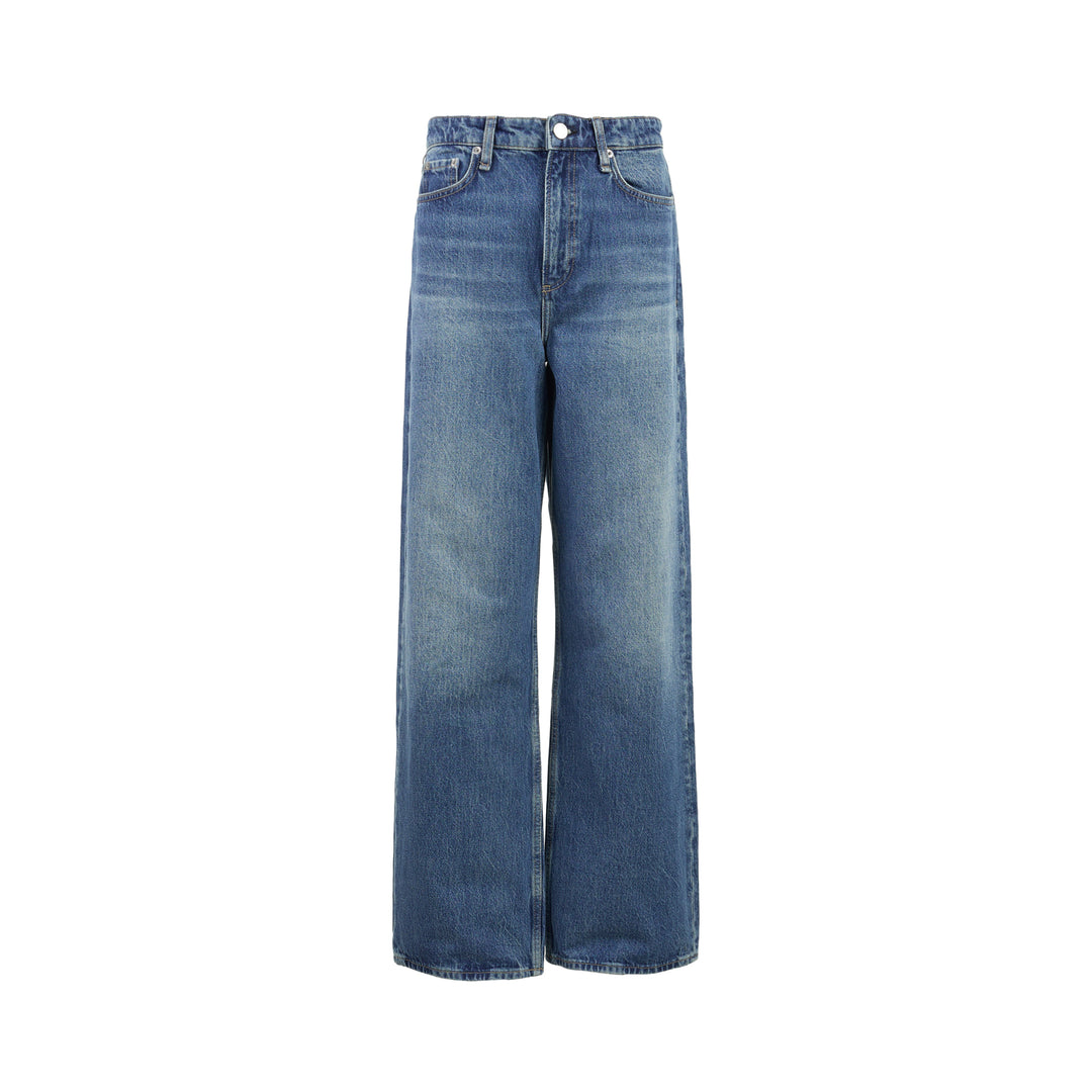 rag & bone Logan Wide Jeans in a faded mid-blue wash, shown from the front with a high-rise waist and wide straight leg