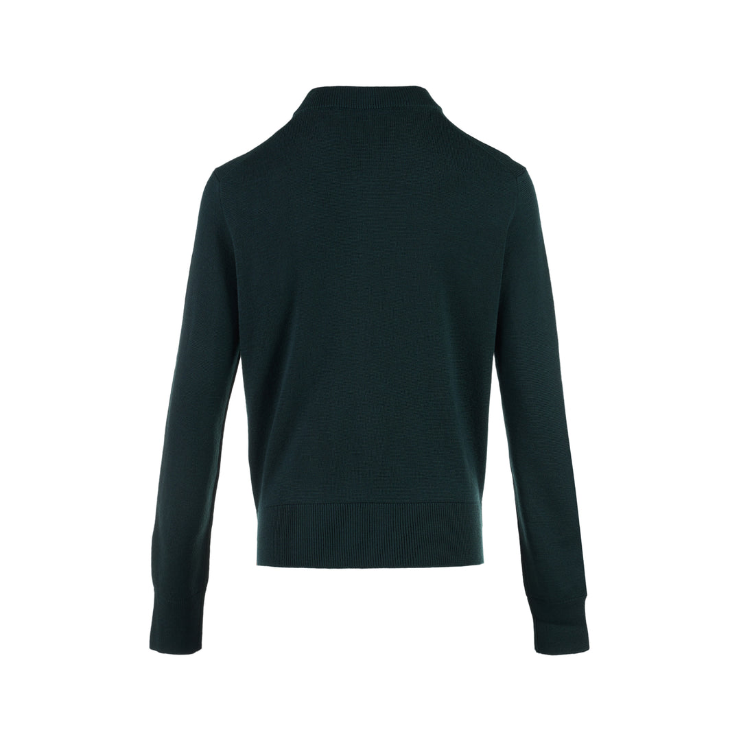 AMI Quota crewneck cardigan in deep forest green with black buttons, ribbed hem and cuffs, and a tonal embroidered heart logo on the chest - view 2