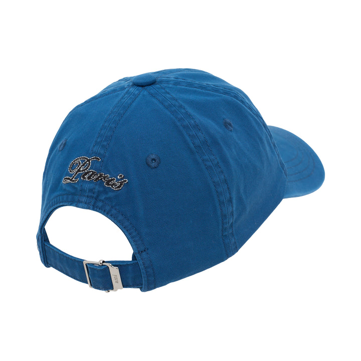 AMI blue cotton twill baseball cap with black script logo embroidered at the front and curved stitched brim - view 3