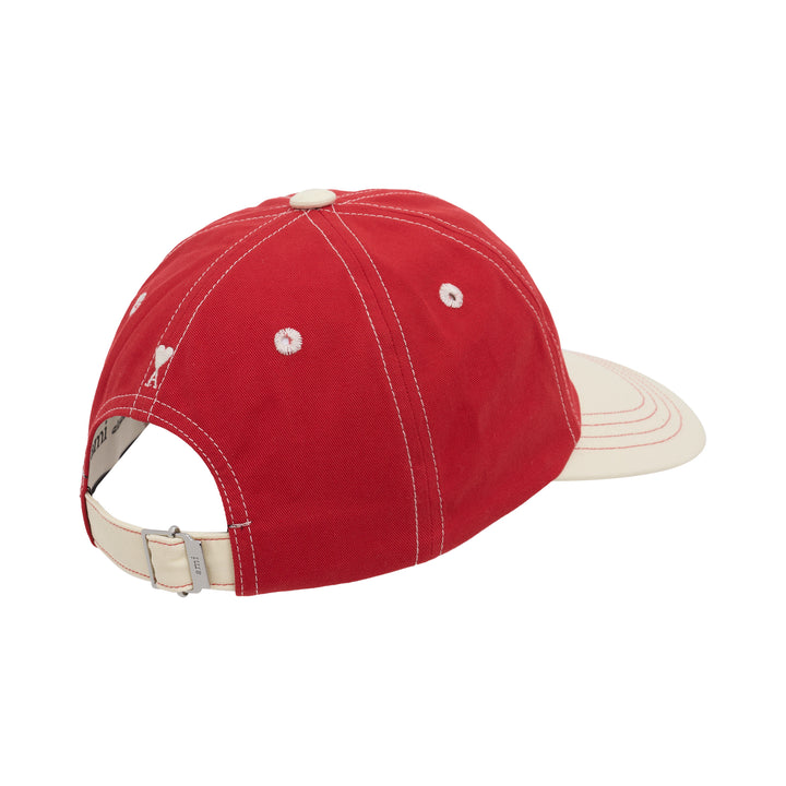 AMI bicolor baseball cap in red with a cream peak, featuring white script logo embroidery, Paris lettering and contrast stitching - view 3