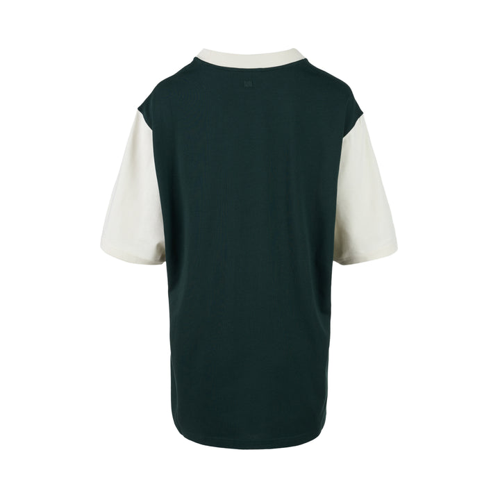 AMI Paris oversized t-shirt in dark green with cream contrast sleeves and collar, featuring white felt AMI PARIS lettering across the chest - view 2