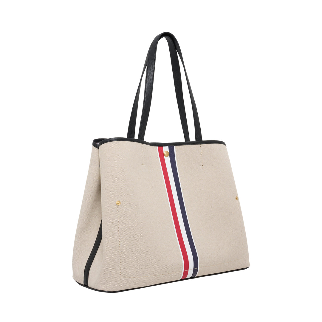 Thom Browne horizontal canvas tote bag with black leather handles, gold-tone studs and a red, white, and blue vertical stripe - view 2