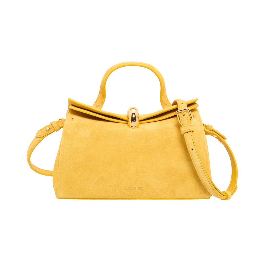Jacquemus Le Petit Valerie yellow suede top-handle handbag with gold-tone clasp and detachable crossbody strap