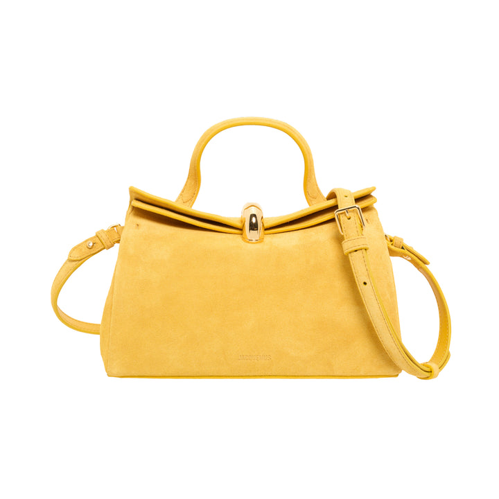 Jacquemus Le Petit Valerie yellow suede top-handle handbag with gold-tone clasp and detachable crossbody strap