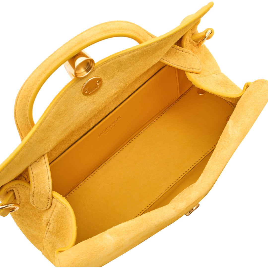 Jacquemus Le Petit Valerie yellow suede top-handle handbag with gold-tone clasp and detachable crossbody strap - view 4