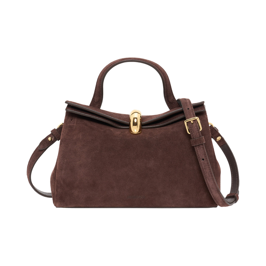Jacquemus Le Petit Valerie handbag in chocolate brown suede with a gold-tone dome clasp, top handle and detachable shoulder strap