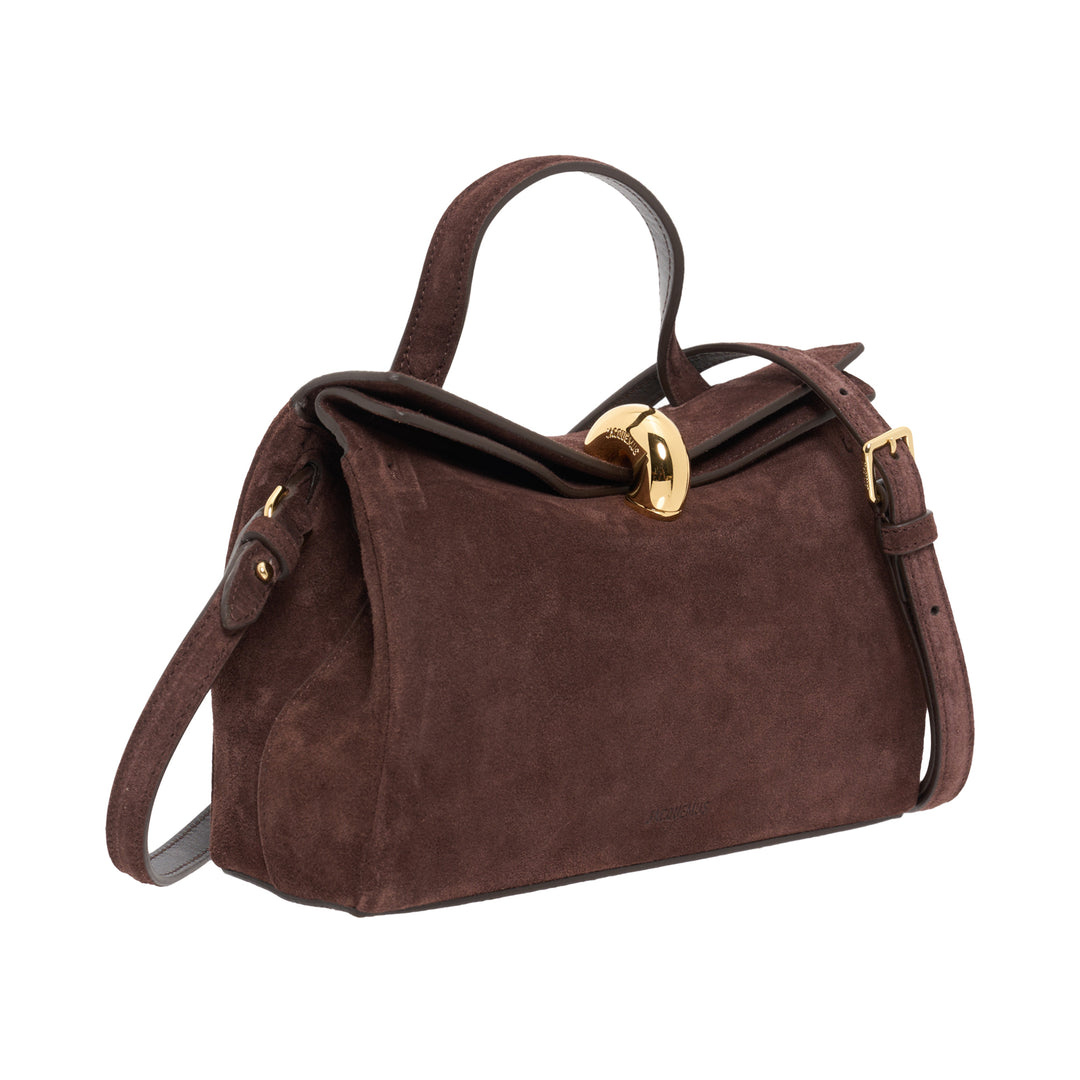 Jacquemus Le Petit Valerie handbag in chocolate brown suede with a gold-tone dome clasp, top handle and detachable shoulder strap - view 2
