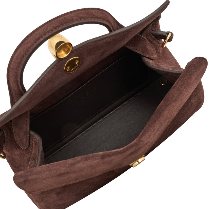Jacquemus Le Petit Valerie handbag in chocolate brown suede with a gold-tone dome clasp, top handle and detachable shoulder strap - view 4