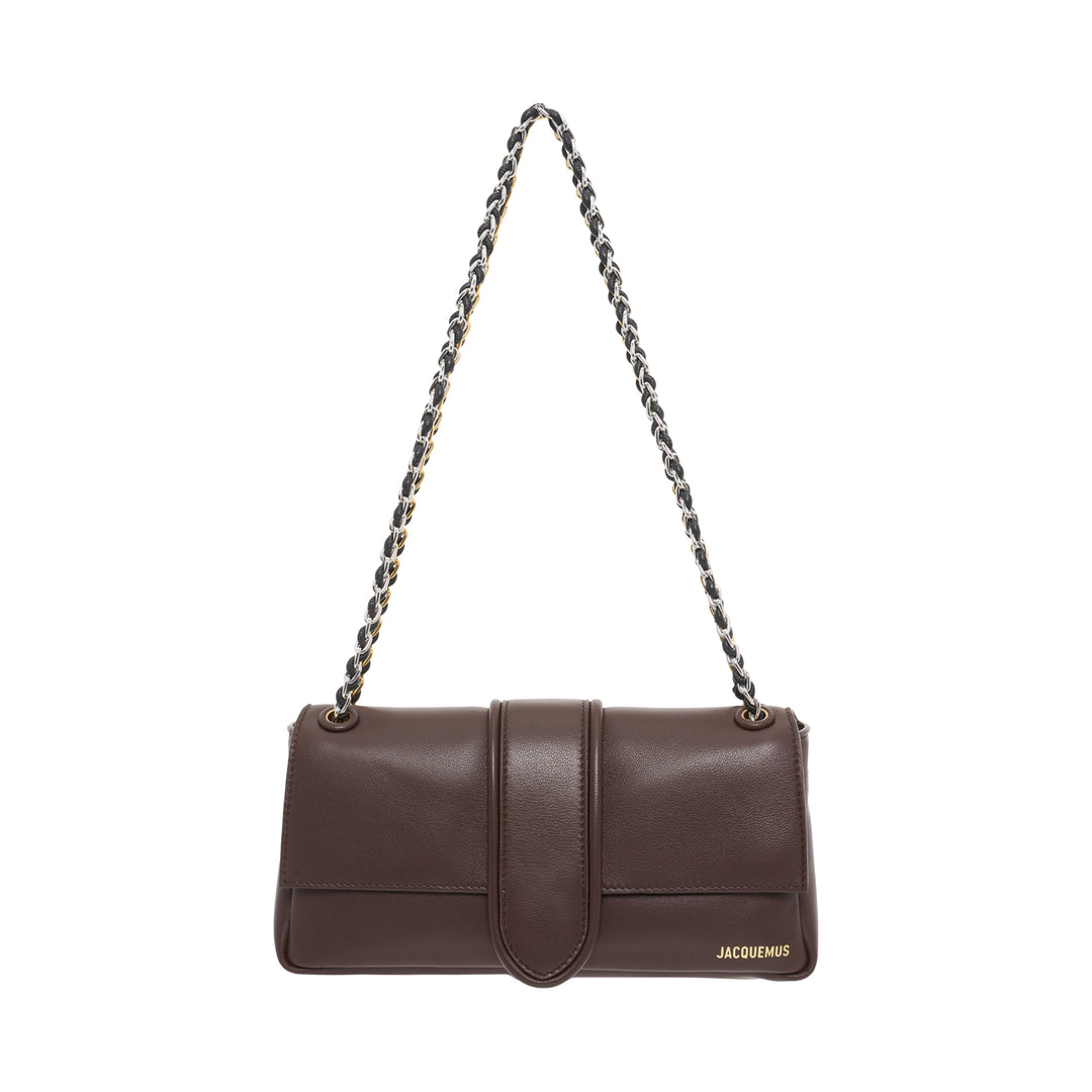 Jacquemus Le Bambino Chaîne brown leather shoulder bag with curved tab closure and woven chain strap