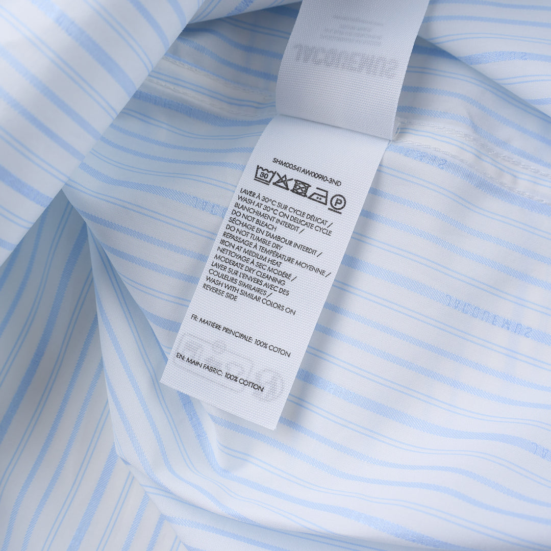 Jacquemus La Chemise Simon long sleeve shirt in light blue and white stripes with concealed placket and embroidered script patch on the chest - view 3