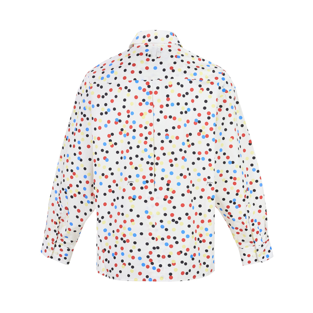 Jacquemus white long sleeve shirt with all-over red, blue, yellow and black polka dot print, shown front view with button-front closure - view 2