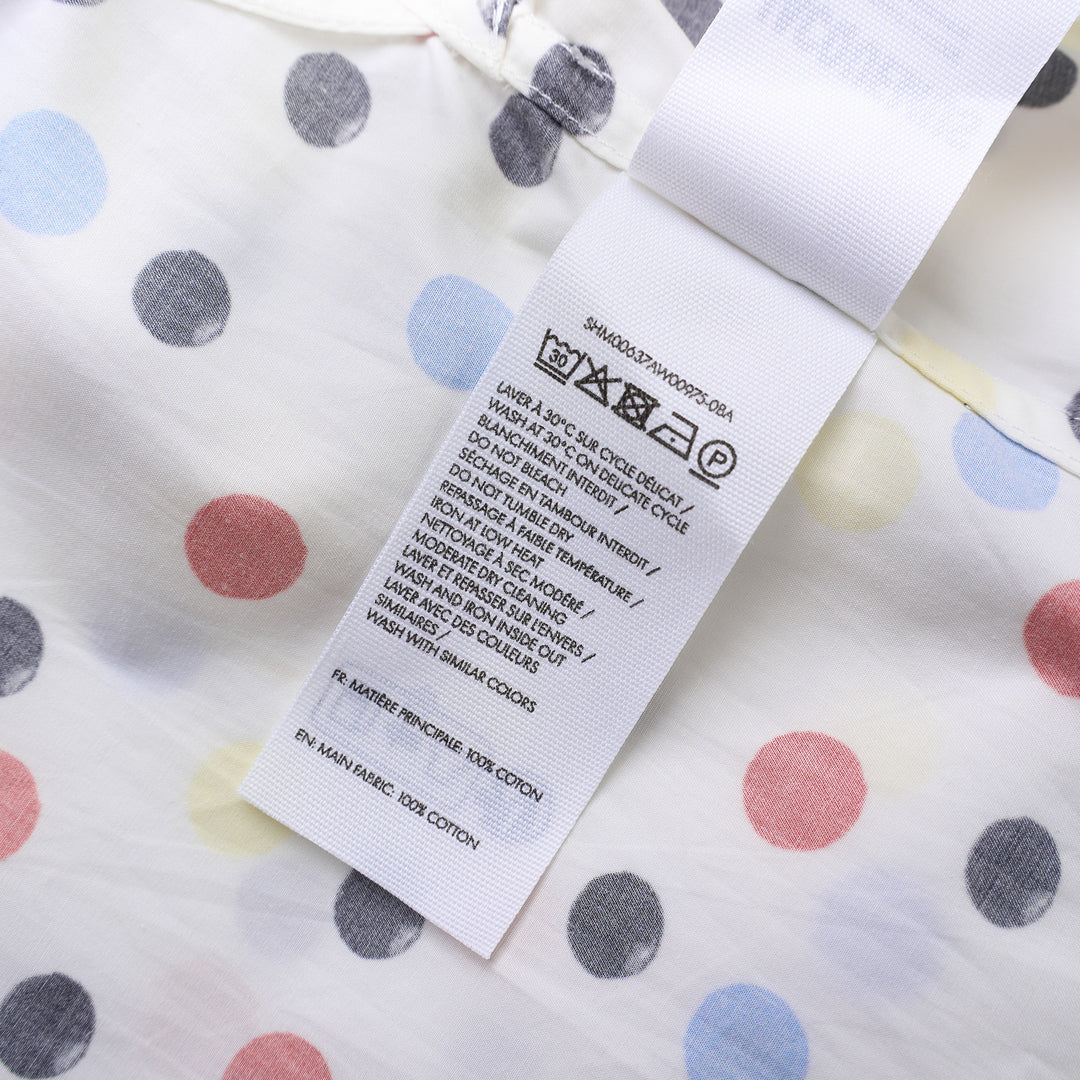 Jacquemus white long sleeve shirt with all-over red, blue, yellow and black polka dot print, shown front view with button-front closure - view 3