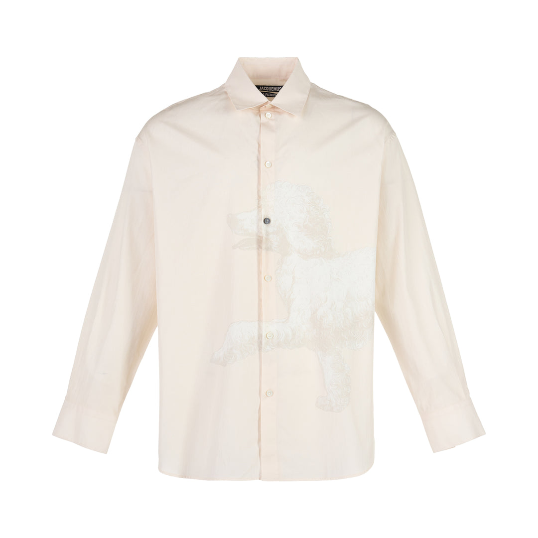 Jacquemus La Chemise Pisco long sleeve cream shirt with tonal poodle print across the front and button placket
