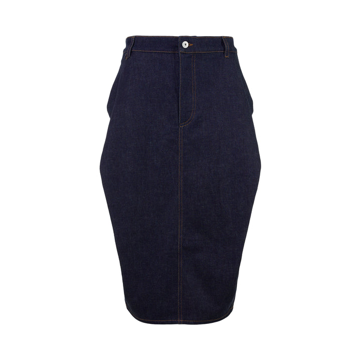 Jacquemus La Jupe Cubisto dark indigo denim midi skirt with contrast topstitching, high waist, and curved sculptural silhouette, shown from the front