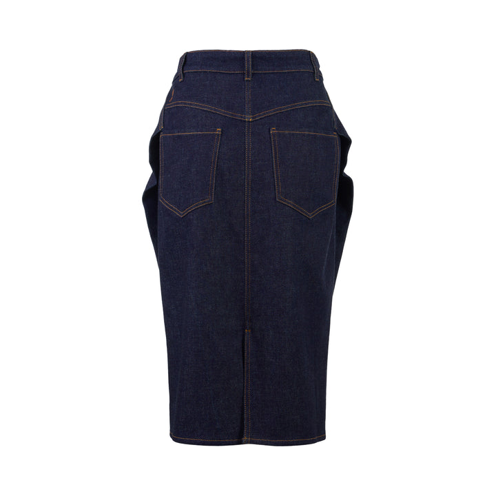 Jacquemus La Jupe Cubisto dark indigo denim midi skirt with contrast topstitching, high waist, and curved sculptural silhouette, shown from the front - view 2