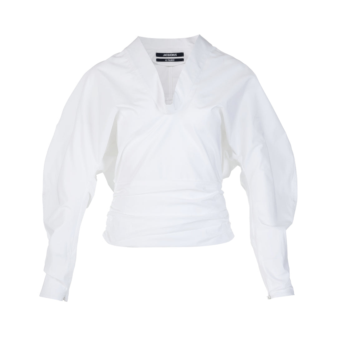 Jacquemus La Blouse Colombe white V-neck blouse with balloon sleeves and gathered waist