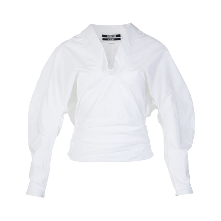 Jacquemus La Blouse Colombe white V-neck blouse with balloon sleeves and gathered waist