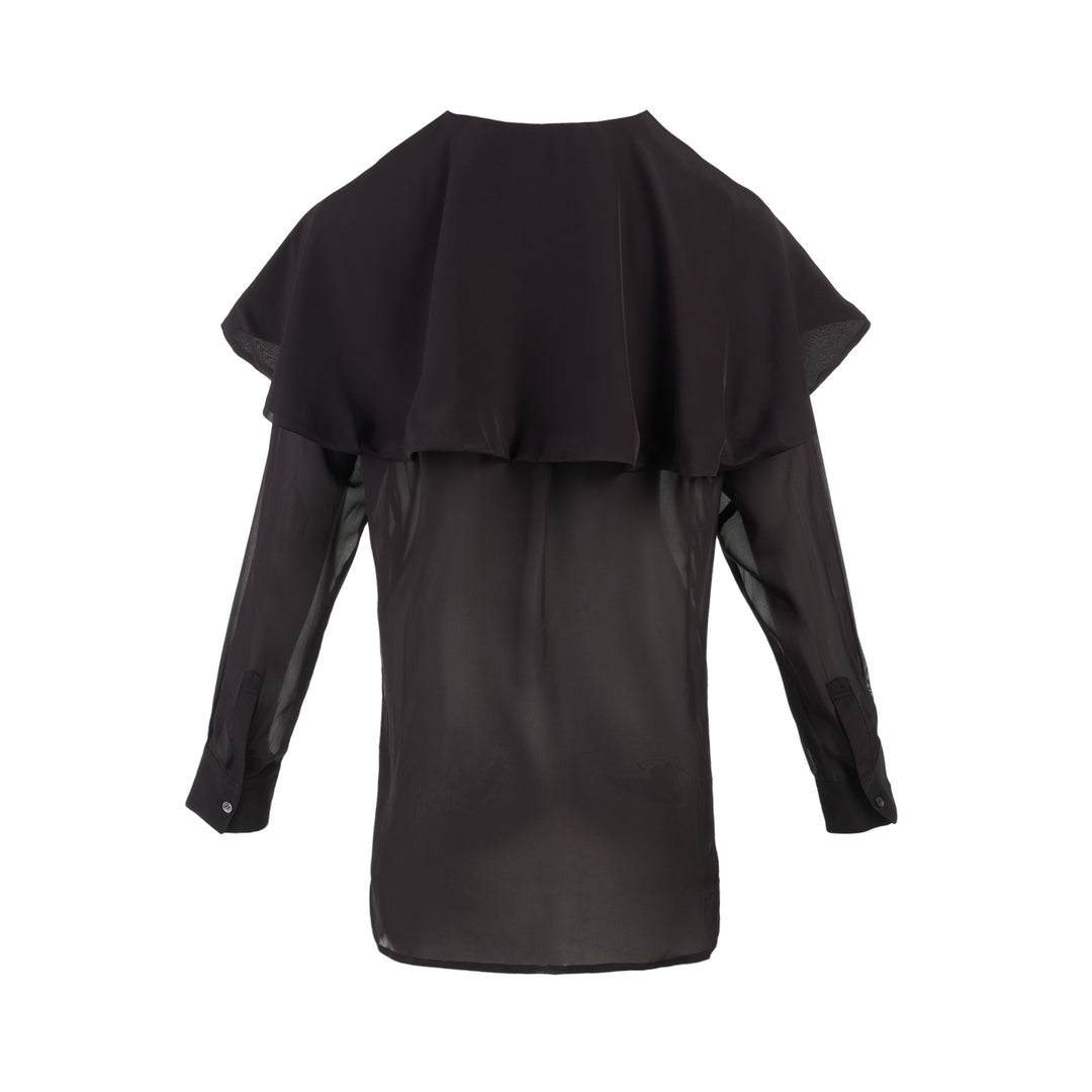 Comme des Garçons sheer black rayon georgette shirt with oversized layered cape collar, patch chest pocket and mother-of-pearl buttons - view 2
