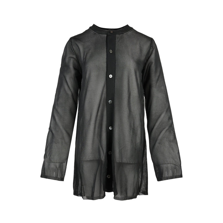 Comme des Garçons sheer black polyester lily yarn jersey cardigan with ribbed crew neck, button-front placket and long sleeves