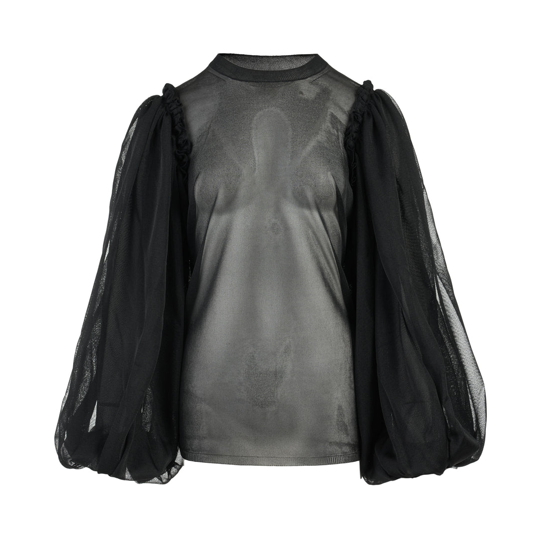 Comme des Garçons black sheer jersey blouse with voluminous balloon sleeves and gathered shoulder details, shown from the front