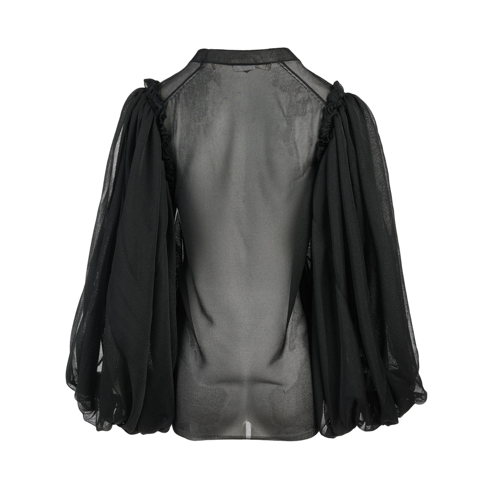 Comme des Garçons black sheer jersey blouse with voluminous balloon sleeves and gathered shoulder details, shown from the front - view 2