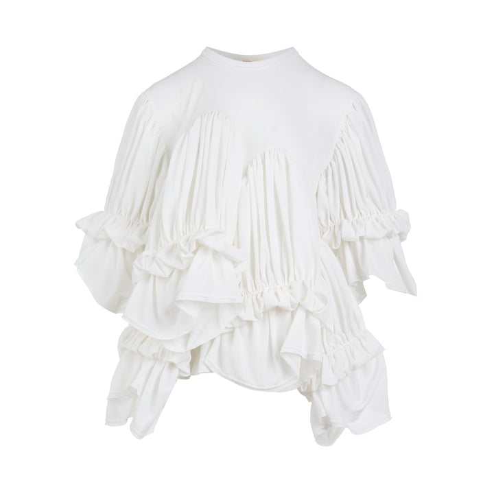 Comme des Garçons white ruffled tiered tee with pleated scalloped panels and gathered puff sleeves