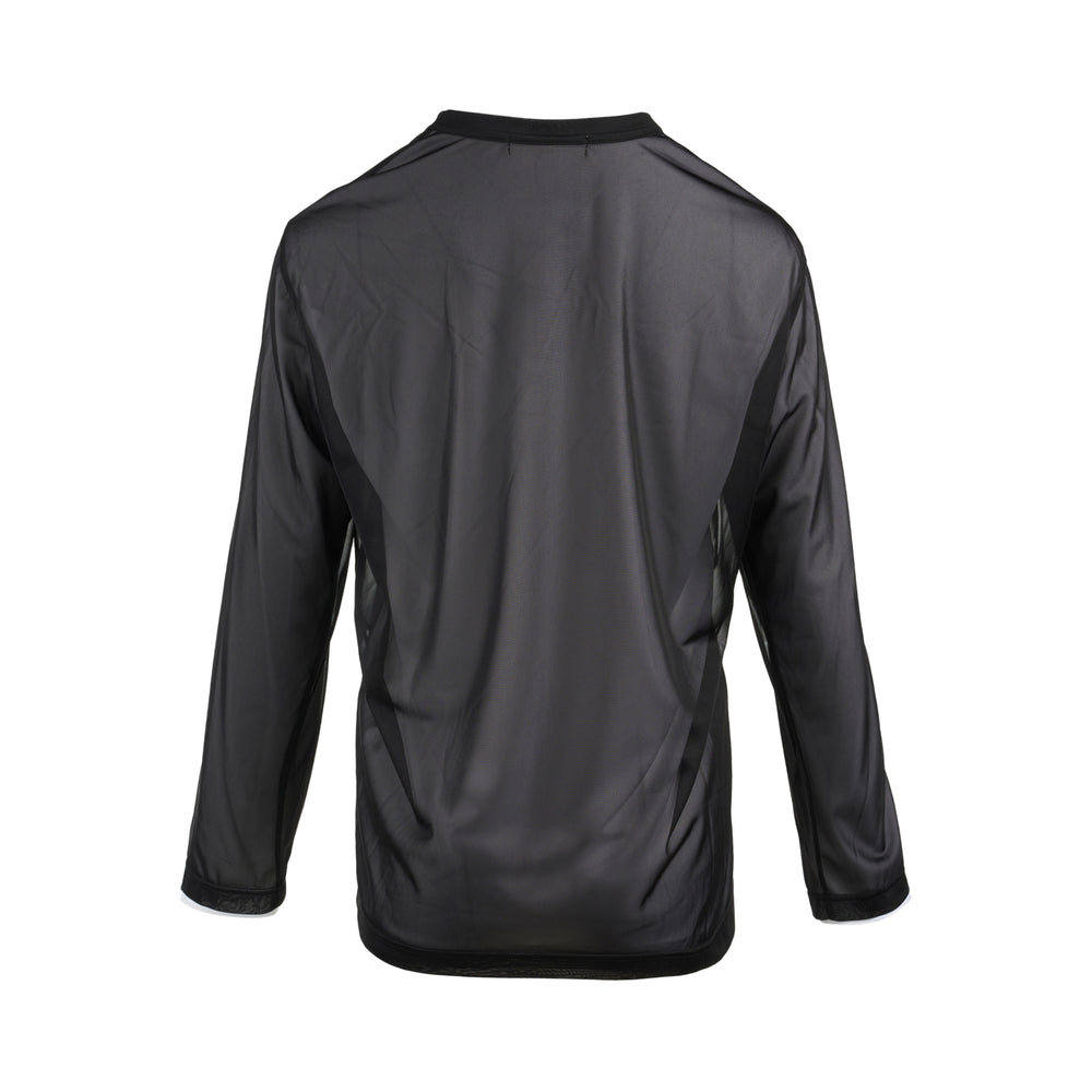 Comme des Garçons black sheer mesh long sleeve tee with white contrast trim at the crew neck and cuffs - view 2