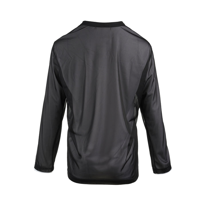 Comme des Garçons black sheer mesh long sleeve tee with white contrast trim at the crew neck and cuffs - view 2