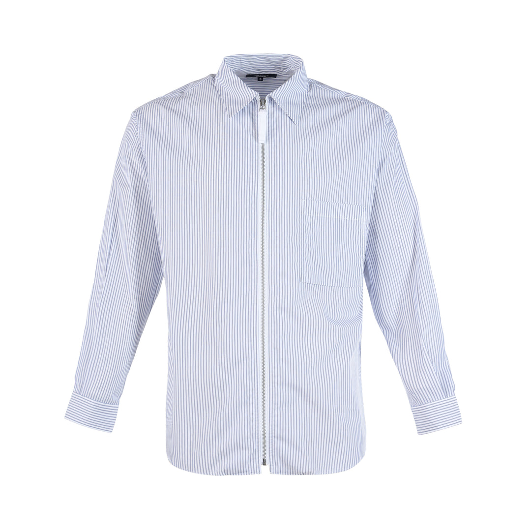 Comme des Garçons Homme long sleeve zip front shirt in blue and white pinstripe with pointed collar and chest patch pocket