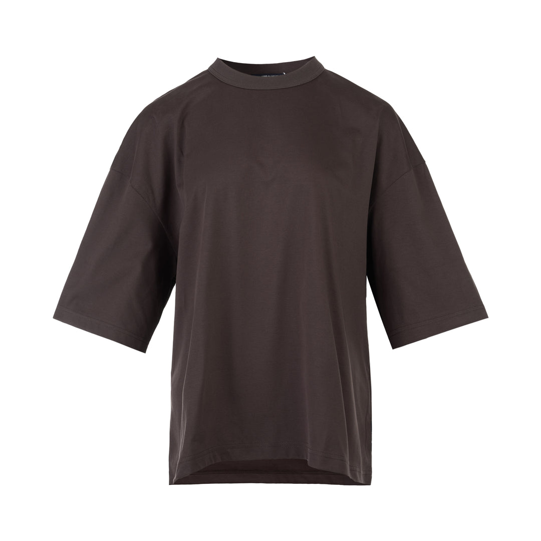 Comme des Garçons Homme Logo Tag Boxy Tee in dark brown with ribbed crewneck, dropped shoulders and wide short sleeves, shown flat from the front