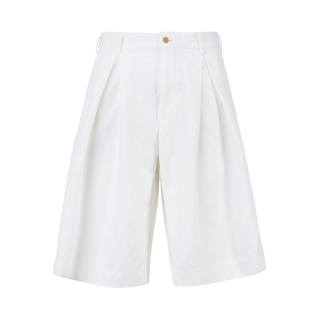 Comme des Garçons Homme Plus white crinkle shorts with deep front pleats and a wide knee-length leg