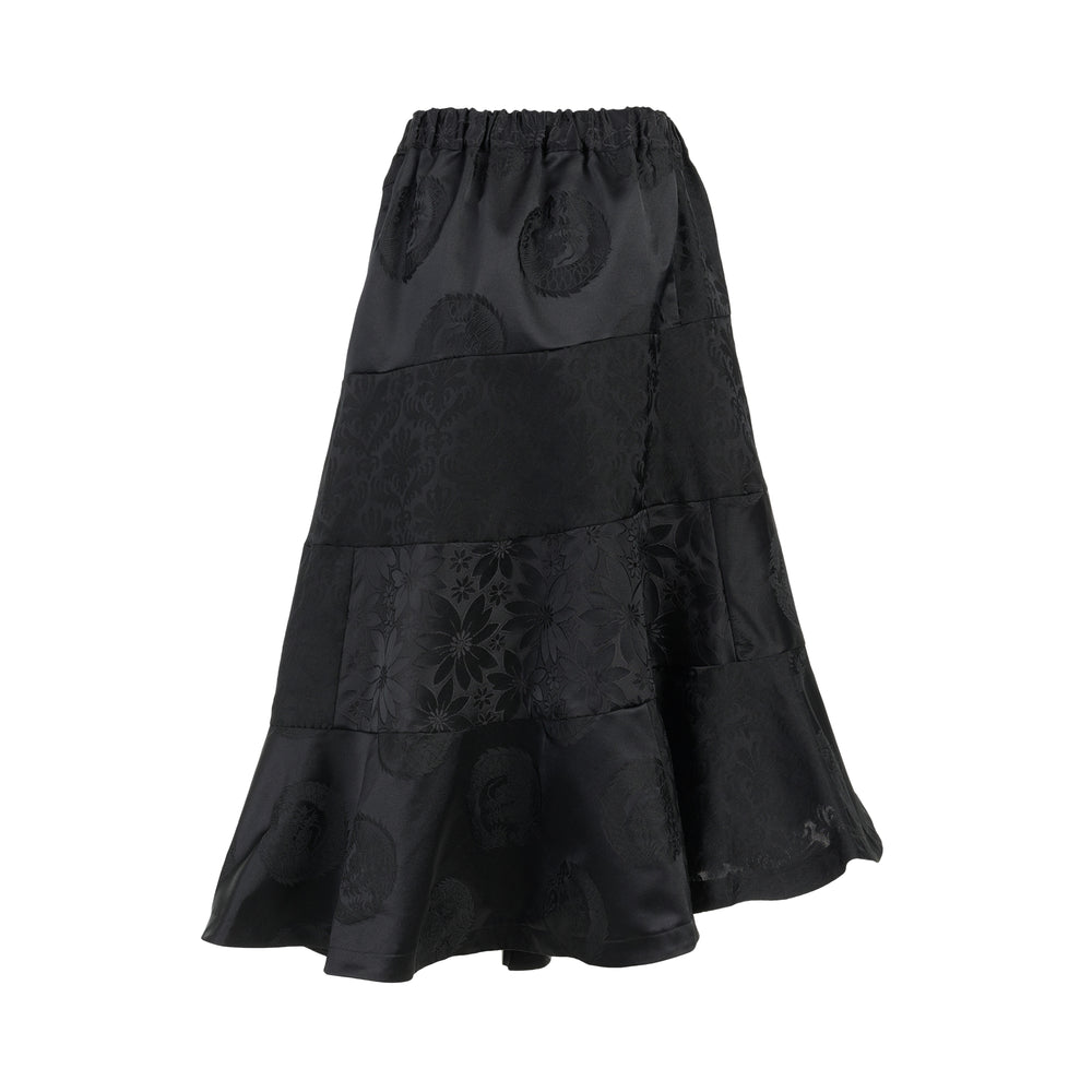 Black jacquard patchwork midi skirt with elasticated waist and asymmetric tiered flounce hem by Comme des Garçons Comme des Garçons - view 2