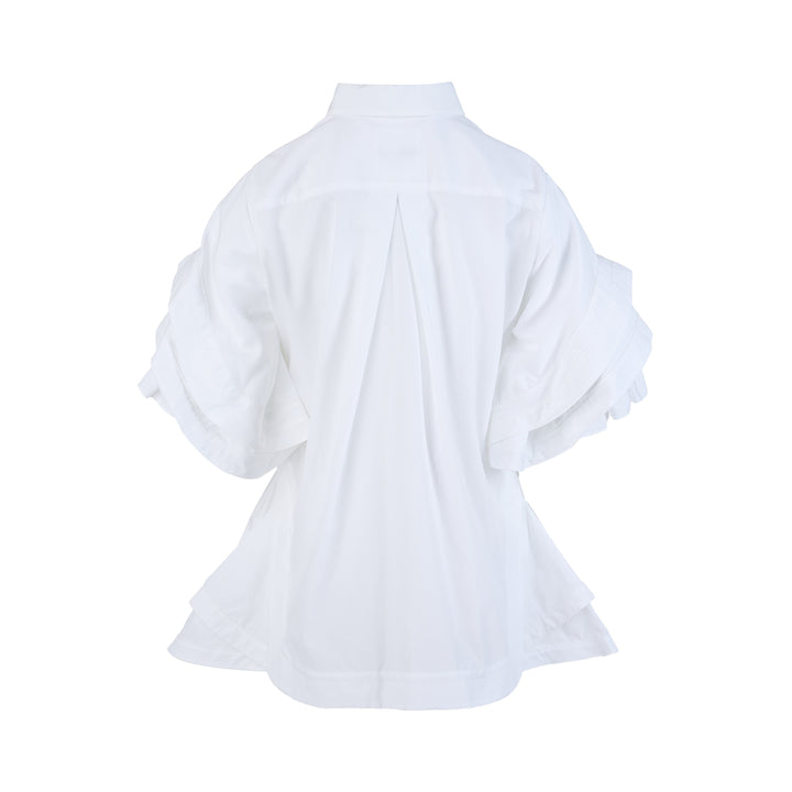 Noir Kei Ninomiya white cotton typewriter shirt with tiered pleated ruffle sleeves, pointed collar, button placket and curved flared hem - view 2