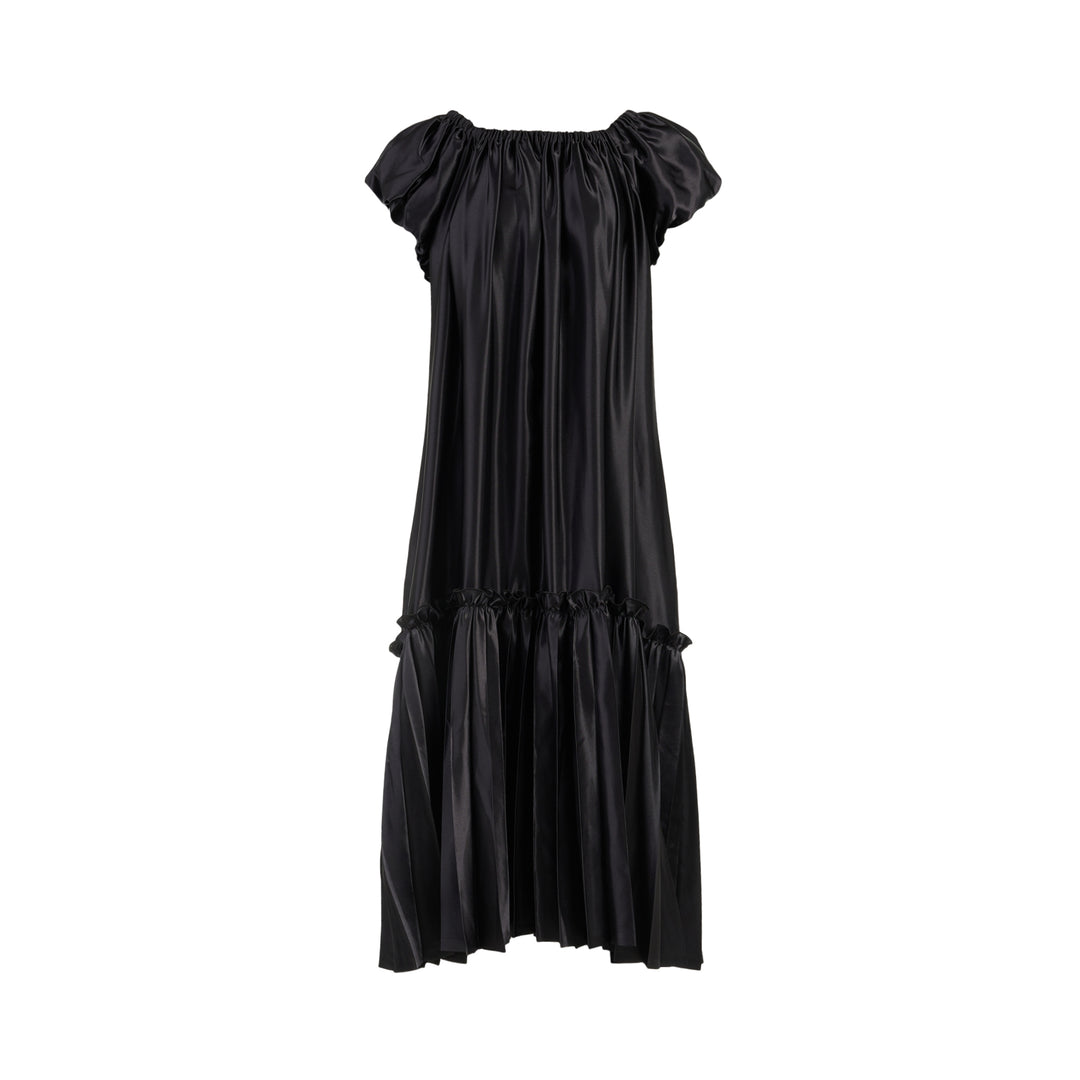 Black polyester satin midi dress with gathered neckline, puff cap sleeves and a pleated ruffle-trimmed tiered hem by Noir Kei Ninomiya