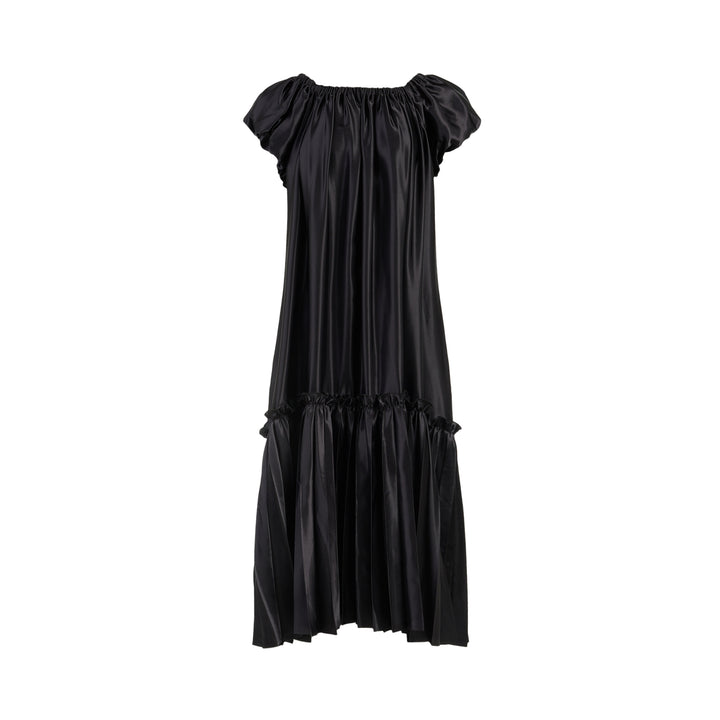Black polyester satin midi dress with gathered neckline, puff cap sleeves and a pleated ruffle-trimmed tiered hem by Noir Kei Ninomiya