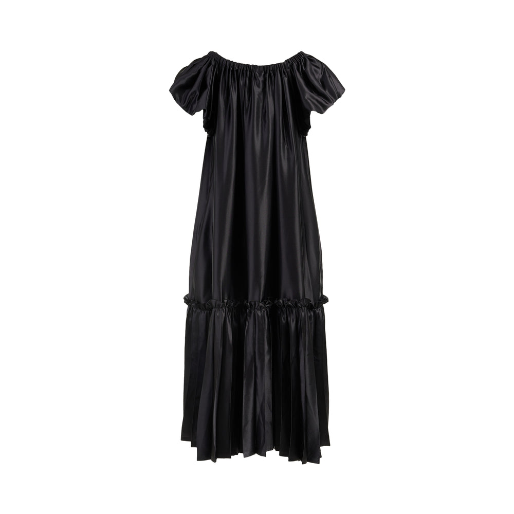 Black polyester satin midi dress with gathered neckline, puff cap sleeves and a pleated ruffle-trimmed tiered hem by Noir Kei Ninomiya - view 2