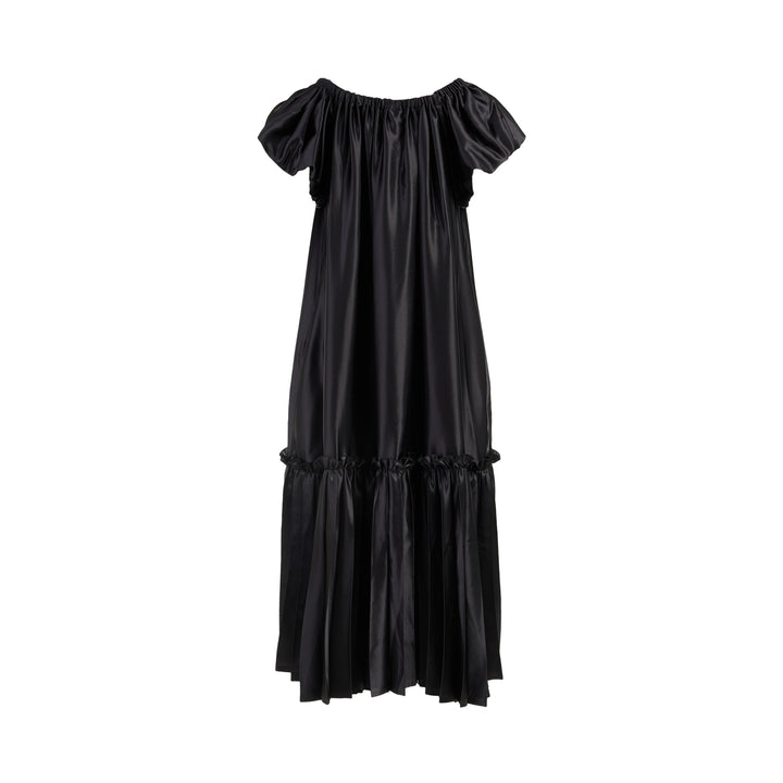 Black polyester satin midi dress with gathered neckline, puff cap sleeves and a pleated ruffle-trimmed tiered hem by Noir Kei Ninomiya - view 2