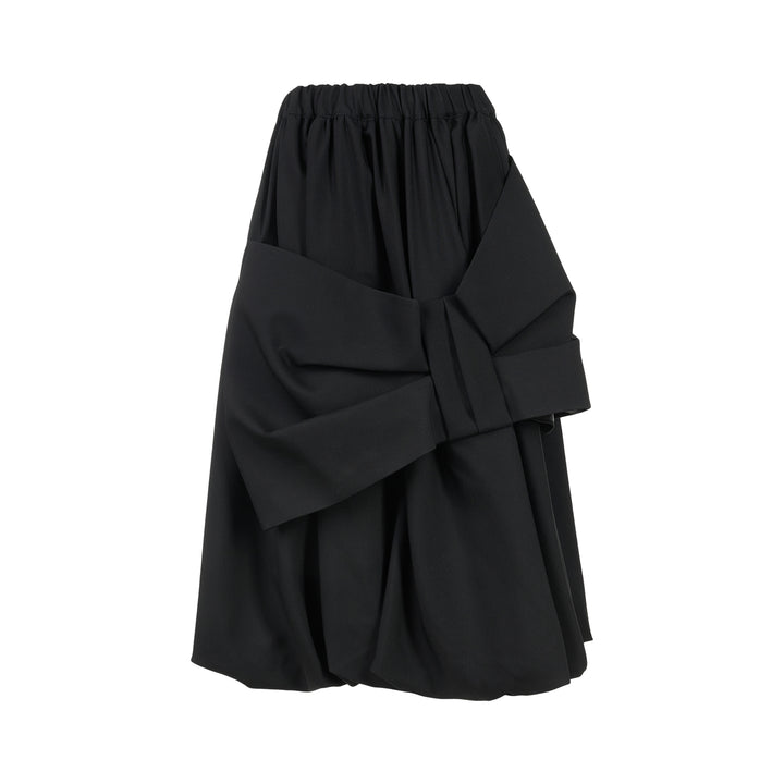 Noir Kei Ninomiya black wool doeskin midi skirt with an oversized sculptural bow, gathered elastic waist and bubble hem