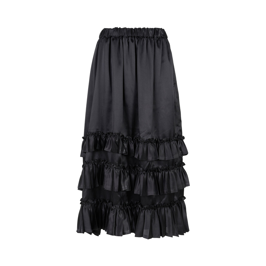 Black satin midi skirt with elasticated waist and three tiers of gathered ruffles at the hem by Noir Kei Ninomiya