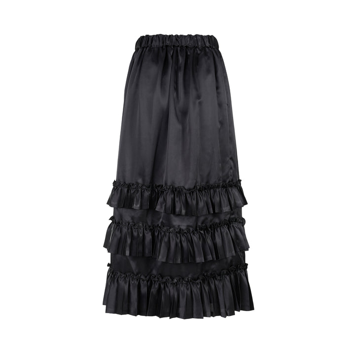 Black satin midi skirt with elasticated waist and three tiers of gathered ruffles at the hem by Noir Kei Ninomiya - view 2
