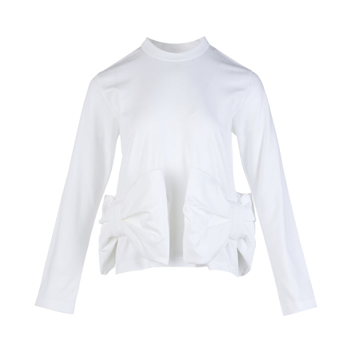 Noir Kei Ninomiya white long-sleeve cotton ponte top with oversized bow details at the hem