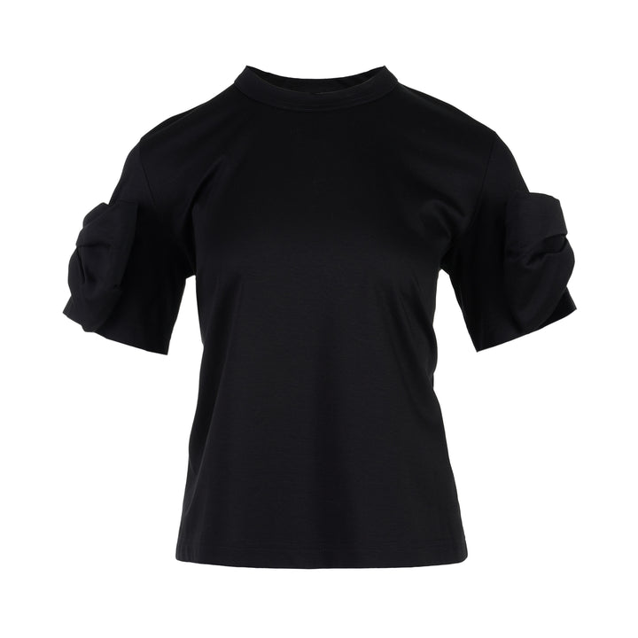 Noir Kei Ninomiya black cotton ponte tee with crew neck and twisted knot detailing on both short sleeves, shown from the front