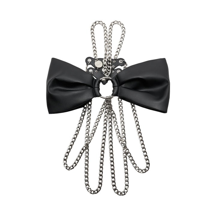 Noir Kei Ninomiya black synthetic leather vest with silver studs, grommets and cascading silver-tone curb chains - view 2