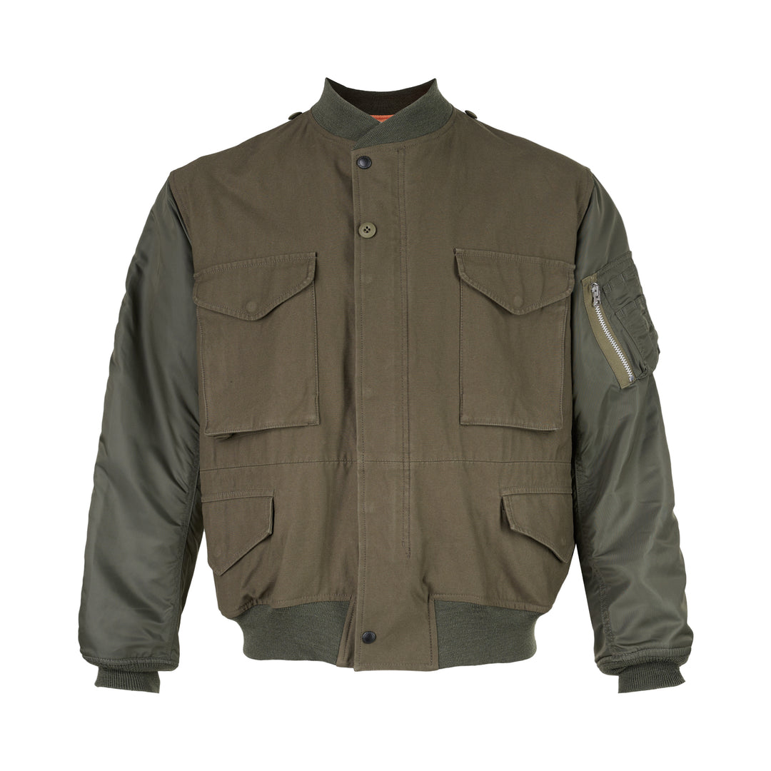 Junya Watanabe olive green nylon twill blouson with four flap pockets, ribbed trims, and a zip pocket on the sleeve