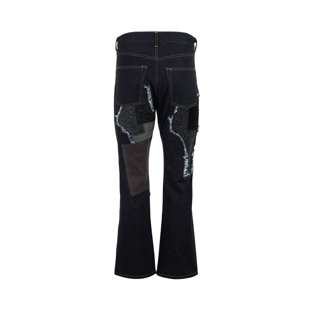Junya Watanabe dark indigo straight-leg jeans with frayed herringbone, houndstooth and camouflage patchwork panels, front view - view 2